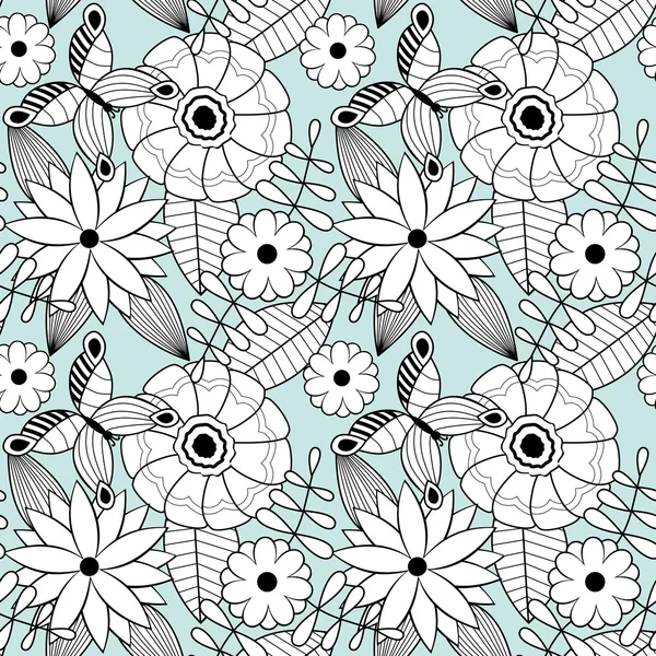 꽃과 나비와 꽃 원활한 패턴 — 스톡 벡터
