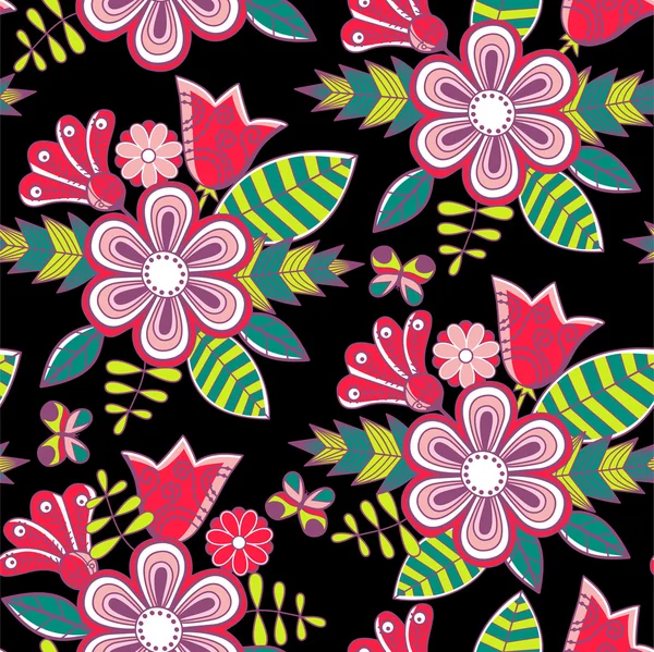 Patrón sin costura floral con flores y mariposas — Vector de stock