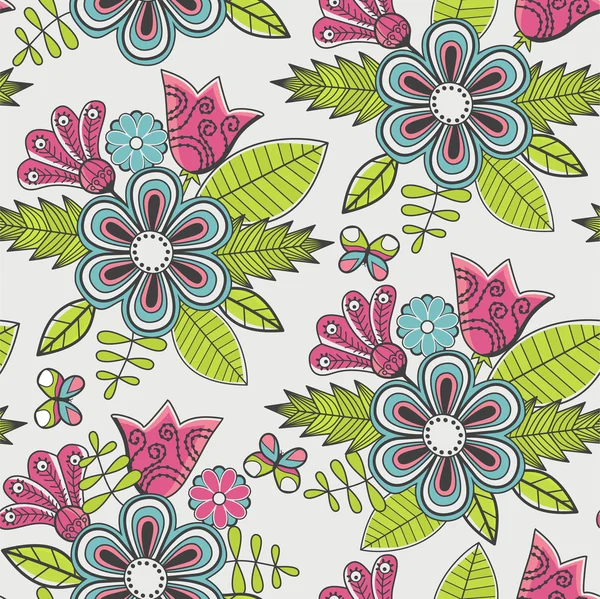 Motif floral sans couture avec des fleurs et des papillons — Image vectorielle