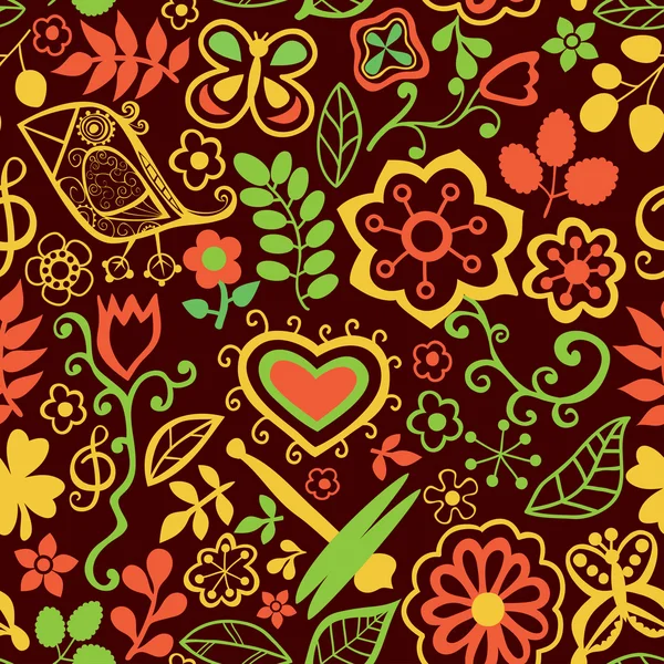Мультфильм безморщинистая фактура с цветами, драгонкой и птицей . — стоковый вектор
