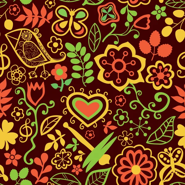 Textura sin costura de dibujos animados con flores, libélula y aves . — Vector de stock