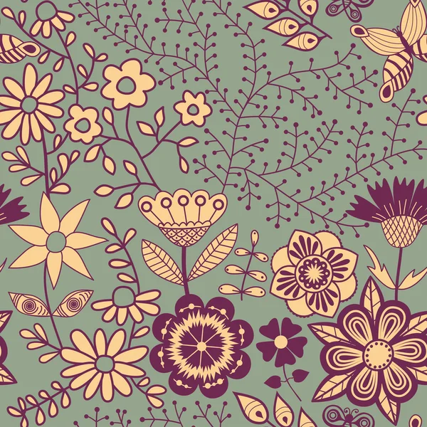 Λουλουδάτο μοτίβο άνευ ραφής με λουλούδια και πεταλούδες — Διανυσματικό Αρχείο