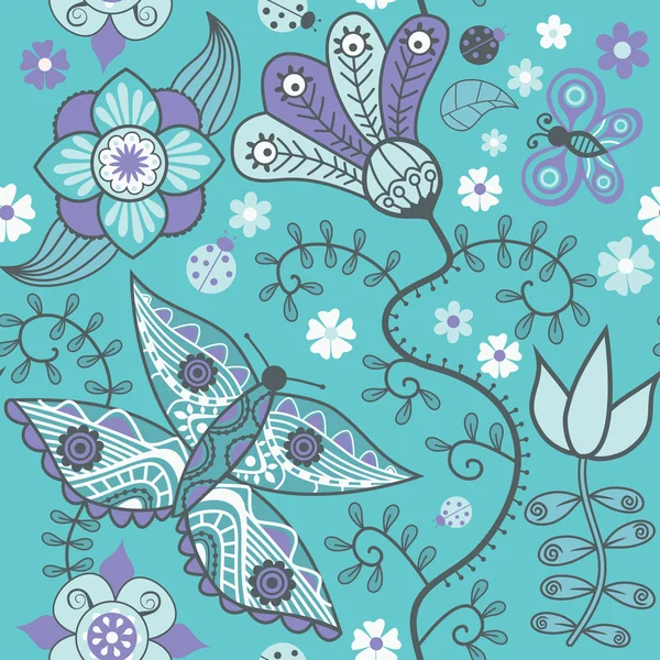 Texture with flowers and butterflies on blue. Royalty Free Stock Vectors