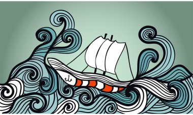 sailing ship in the storm ocean clipart