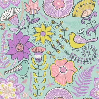 çiçekler ve kuşlar ile suluboya doku