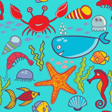 Balık, Yengeç, deniz yosunu, deniz yıldızı, deniz atı ile desen