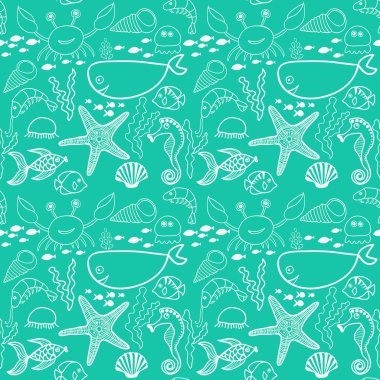 Balık, Yengeç, deniz yosunu, deniz yıldızı, deniz atı ile desen