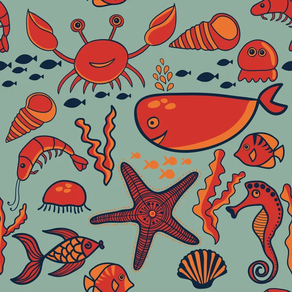 Muster mit Fisch, Krabben, Algen, Seesternen, Seepferdchen — Stockvektor