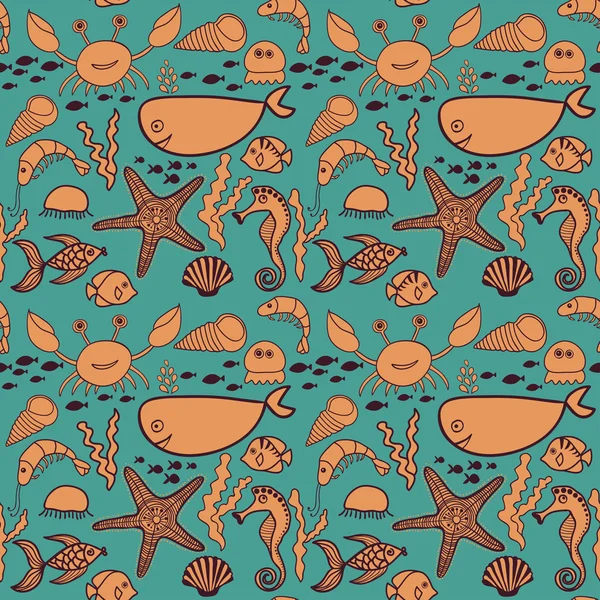 Pattern with fish, crab, seaweed, starfish, seahorse — стоковый вектор