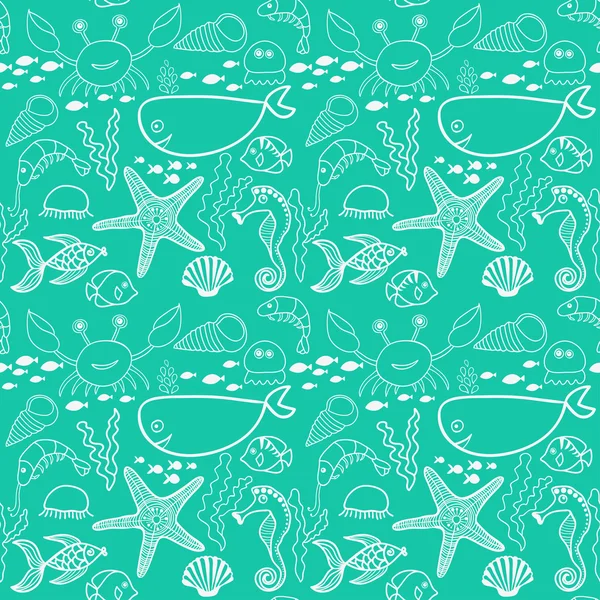Pattern with fish, crab,seaweed, starfish, seahorse — Stock Vector