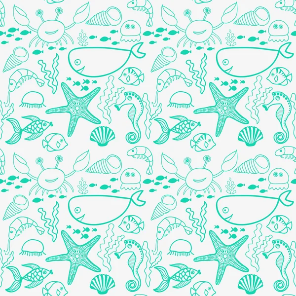 Pattern with fish, crab, seaweed, starfish, seahorse — стоковый вектор