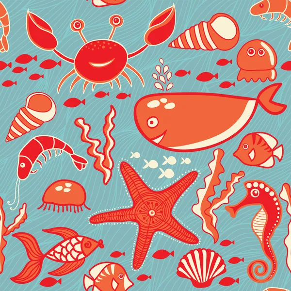 Motif avec poissons, crabes, algues, étoiles de mer, hippocampes — Image vectorielle