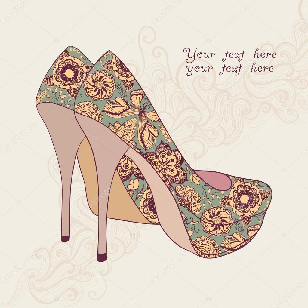 A high-heeled vintage shoes with flowers fabric