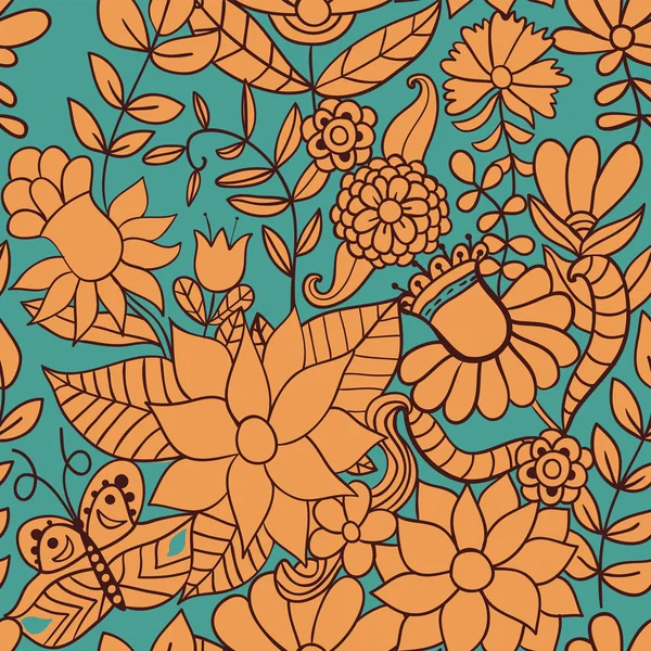 Бесшовная текстура с цветами и бабочкой. Бесконечный цветочный узор . — стоковый вектор