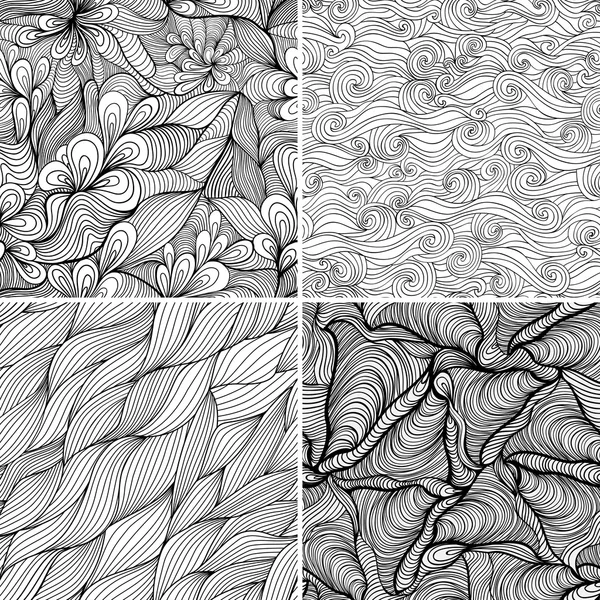 4 つのシームレスな抽象的な手描画パターン、波背景のセット — ストックベクタ