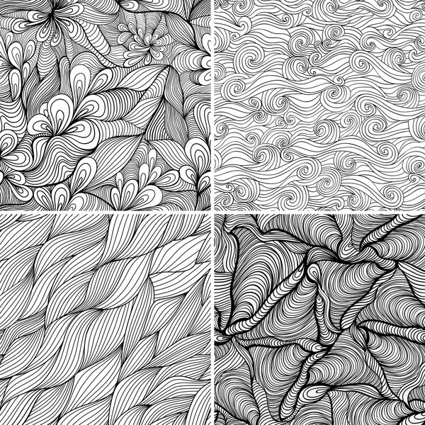 Set of four seamless abstract hand-drawn pattern, waves background