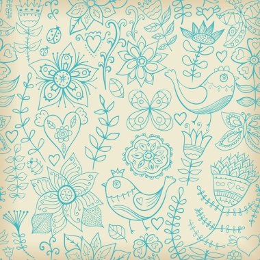çiçek, kuş ve kelebek ile sorunsuz bir doku. sonsuz çiçek desenli.