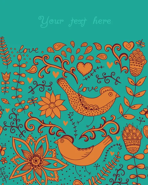 Carte avec fleurs, coeurs et oiseaux, carte d'invitation — Image vectorielle