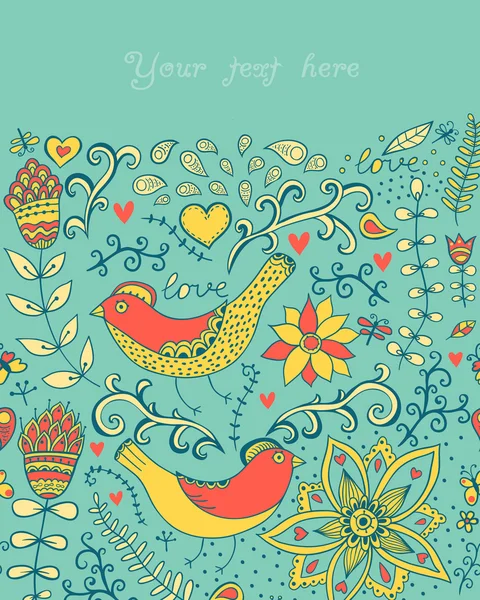 Tarjeta con flores, corazones y pájaros, tarjeta de invitación — Vector de stock