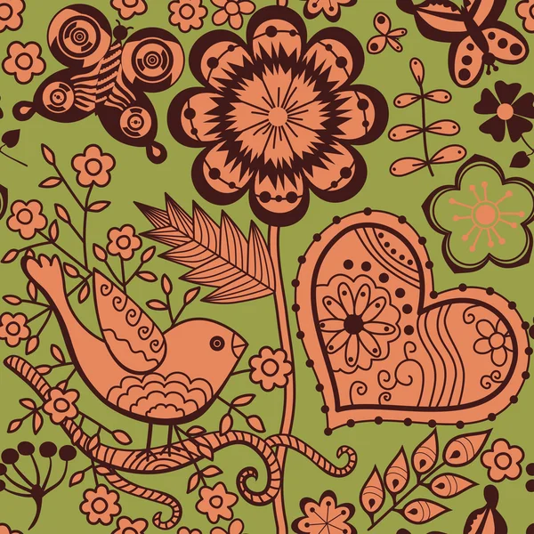 Bezešvá textura se srdcem, květin, ptáků a motýlů — Stockový vektor