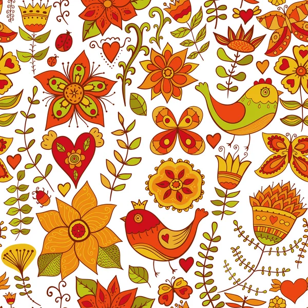 花卉、 鸟类与蝴蝶的无缝纹理。无休止的花卉图案. — 图库矢量图片