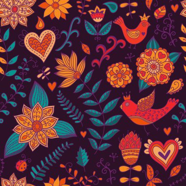 çiçek, kuş ve kelebek ile sorunsuz bir doku. sonsuz çiçek desenli.