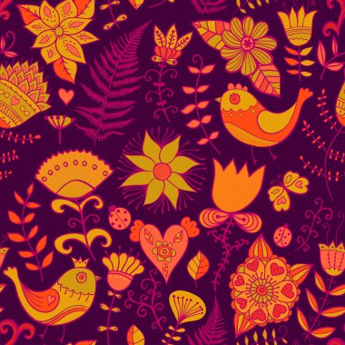 çiçek, kuş ve kelebek ile sorunsuz bir doku. sonsuz çiçek desenli.