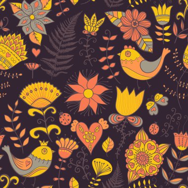 çiçek, kuş ve kelebek ile sorunsuz bir doku. sonsuz çiçek desenli.