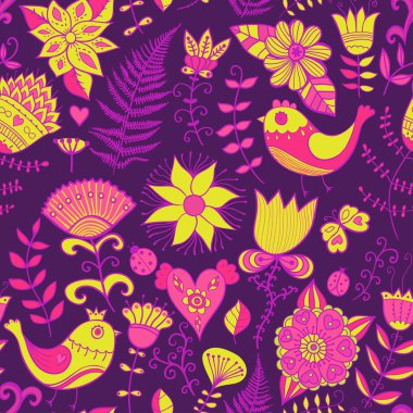 çiçek, kuş ve kelebek ile sorunsuz bir doku. sonsuz çiçek desenli.