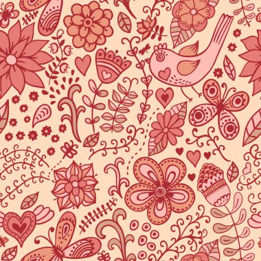 çiçek, kuş ve kelebek ile sorunsuz bir doku. sonsuz çiçek desenli.