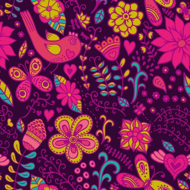 çiçek, kuş ve kelebek ile sorunsuz bir doku. sonsuz çiçek desenli.