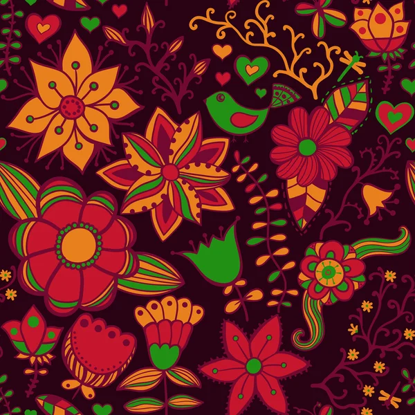 Bezešvá textura s květin, ptáků a motýlů. nekonečné květinový vzor. — Stockový vektor