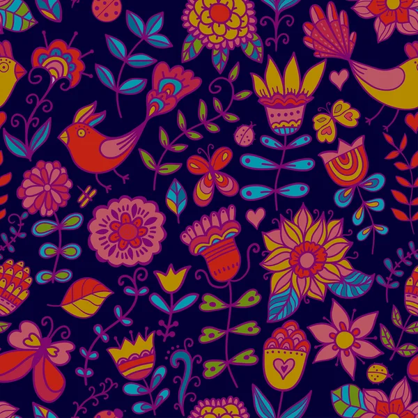 Texture sans couture avec fleur, oiseau et papillon. Motif floral sans fin . — Image vectorielle