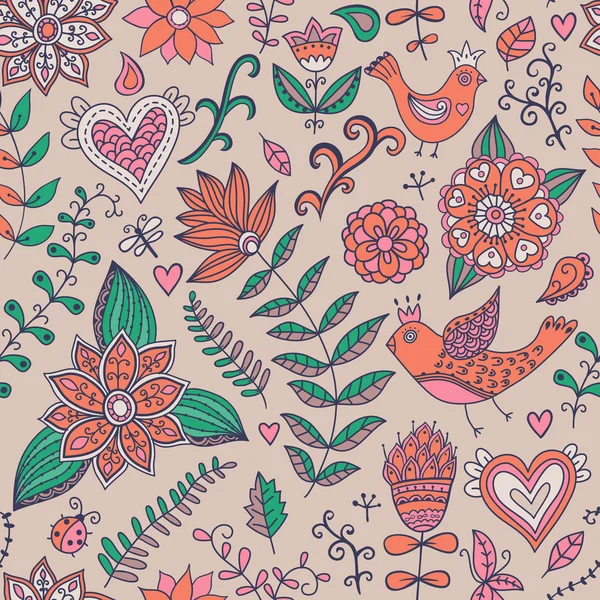 Бесшовная текстура с цветком, птицей и бабочкой. Бесконечный цветочный узор . — стоковый вектор