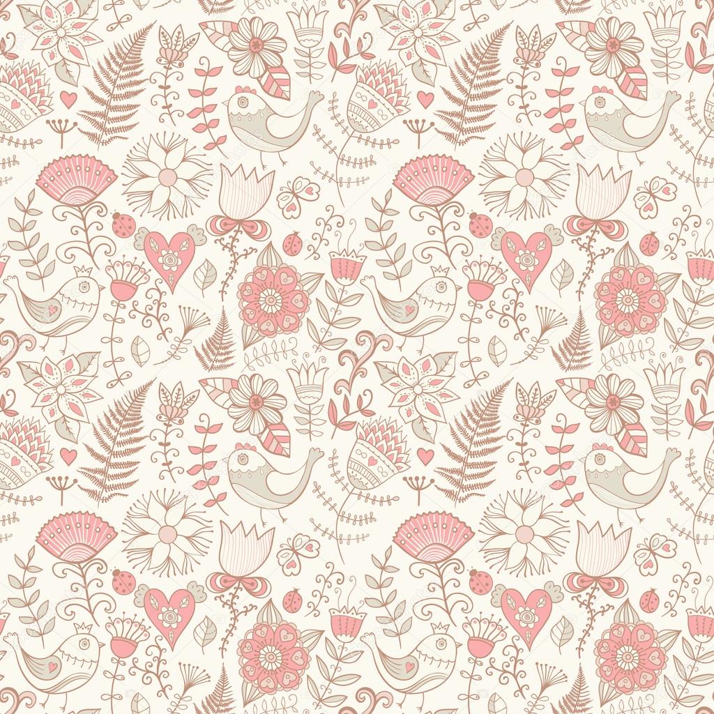 Seamless texture with flower, bird and butterfly. Endless floral pattern.