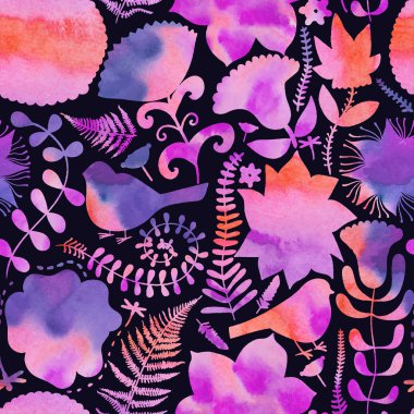 çiçekler ve kuşlar ile suluboya doku.