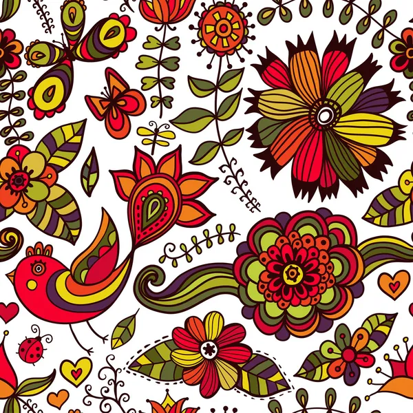 Textura perfecta con flores, pájaros y mariposas . — Vector de stock