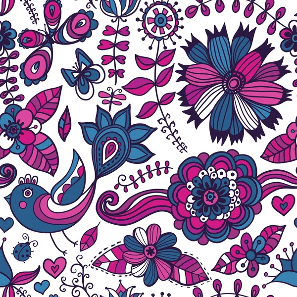 花卉、 鸟类与蝴蝶的无缝纹理。无休止的花卉图案. — 图库矢量图片