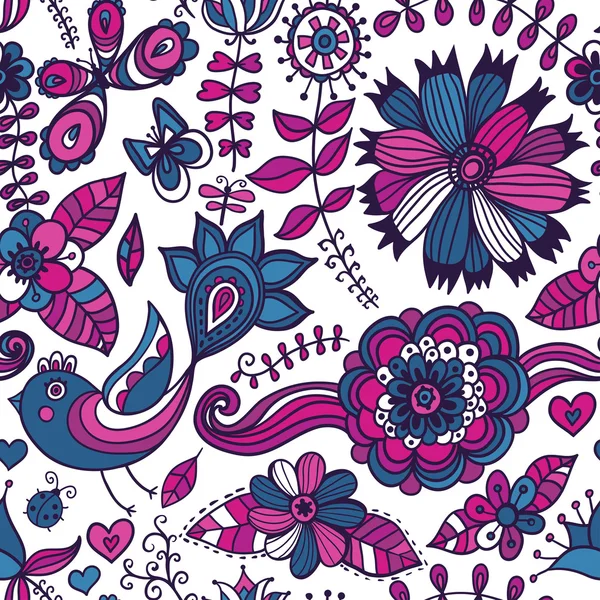 Texture sans couture avec fleur, oiseau et papillon. Motif floral sans fin . — Image vectorielle