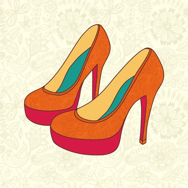 High-heeled vintage shoes with flowers fabric. — Stock Vector