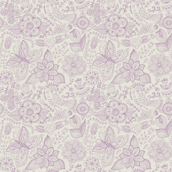 Textura perfecta con flor, pájaro y mariposa. Patrón floral sin fin . — Vector de stock