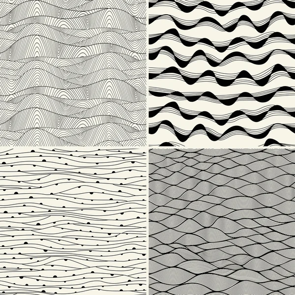 Set van vier naadloze abstracte handgetekende patroon, golven achtergrond. — Stockvector