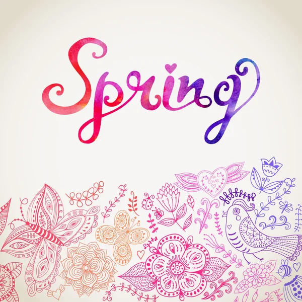 Vector aquarel floral wenskaart met "Lente" belettering — Stockvector