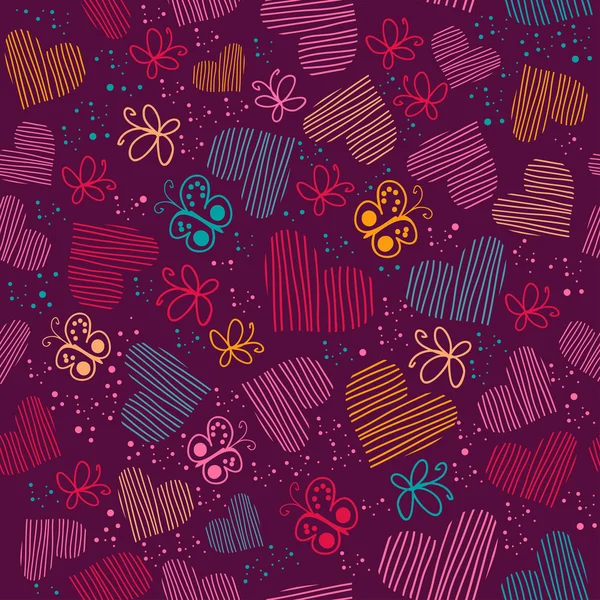 Seamless pattern with hearts, and butterflies — Stock Vector