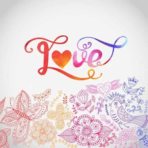 Vector watercolor floral greeting card with "Love" lettering. — Stock Vector