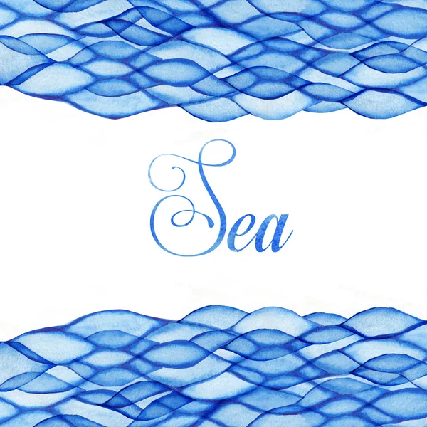 Watercolor waves, sea theme, blue maritime frame — Stock Photo, Image