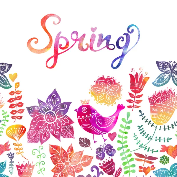 Aquarel floral wenskaart met "Lente" belettering — Stockfoto