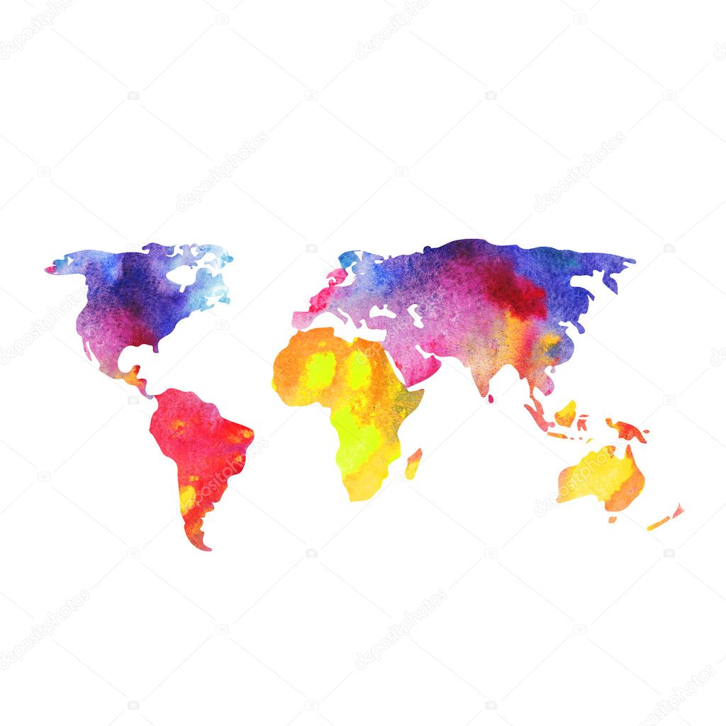 World map painted with watercolors, painted world map.