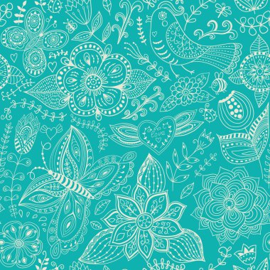 çiçekler, kuşlar ve kelebekler ile sorunsuz bir doku. Dikişsiz desen duvar kağıdı, desen dolgularını, web sayfası arka planı, yüzey dokuları için kullanılabilir. çok güzel sorunsuz çiçek arka plan