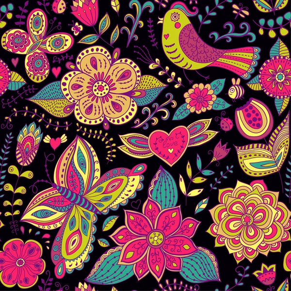 Nahtlose Textur mit Blumen, Vögeln und Schmetterlingen. nahtlose Muster können für Tapeten, Musterfüllungen, Webseiten-Hintergrund, Oberflächentexturen verwendet werden. wunderschöne nahtlose florale Hintergrund — Stockvektor